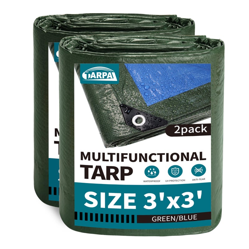 Tarpal 3X3 Feet Small Tarp Waterproof 6Mil (2 Pack) Green Tarps Multipurpose Protective Cover All Purpose Poly Tarps Cover For Firewood Outdoor Furniture Etc - Image 1