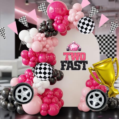 Ceeulvu Pink Race Car Balloon Arch Kit Hot Pink Black White Balloon Garland with Checkered Flag Tire Trophy Balloon Pink CarThemed Banner for 2 Fast Girl Birthday Racing Party Decorations - Image 1