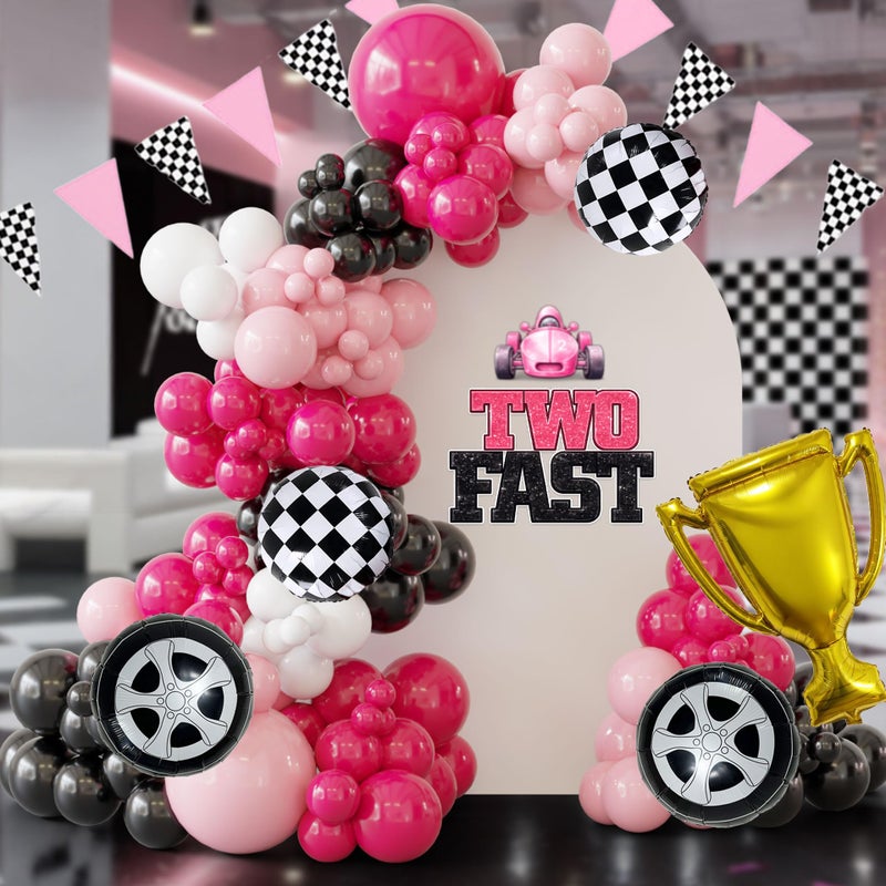 Ceeulvu Pink Race Car Balloon Arch Kit Hot Pink Black White Balloon Garland with Checkered Flag Tire Trophy Balloon Pink CarThemed Banner for 2 Fast Girl Birthday Racing Party Decorations - Image 3