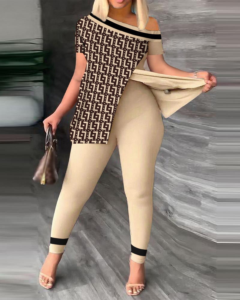 2026 Autumn European and American Women's Fashion Two-Piece Set with Slanted Neckline and Printed Pants