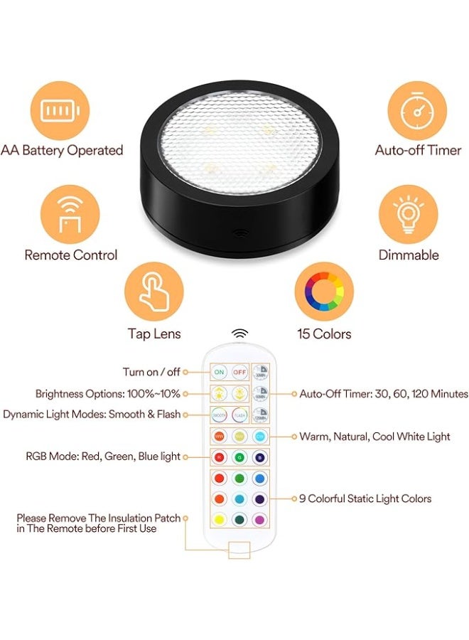 DUNISO 4 Pcs LED Puck Lights with Remote Control, Battery Operated Wireless Night Lights, Under Counter Color Changing Light，Energy Conservation and Environmental Protection，Space Saving，for Kitchen, Bedroom，Closets, Shelf, Corridor，Black - Image 2