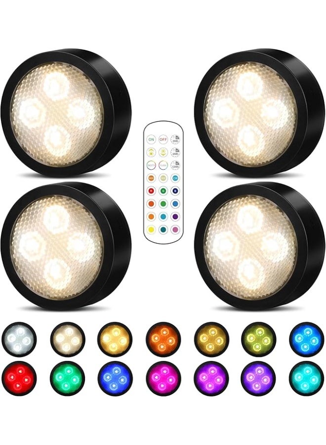 DUNISO 4 Pcs LED Puck Lights with Remote Control, Battery Operated Wireless Night Lights, Under Counter Color Changing Light，Energy Conservation and Environmental Protection，Space Saving，for Kitchen, Bedroom，Closets, Shelf, Corridor，Black - Image 1