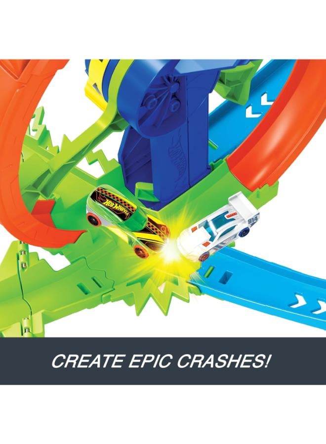 Hot Wheels Toy Car Track Set, Launch and Loop Playset & 1:64 Scale Die-Cast Vehicle, Crash Area on Figure 8 Track with Loop-Kicker Booster - Image 1