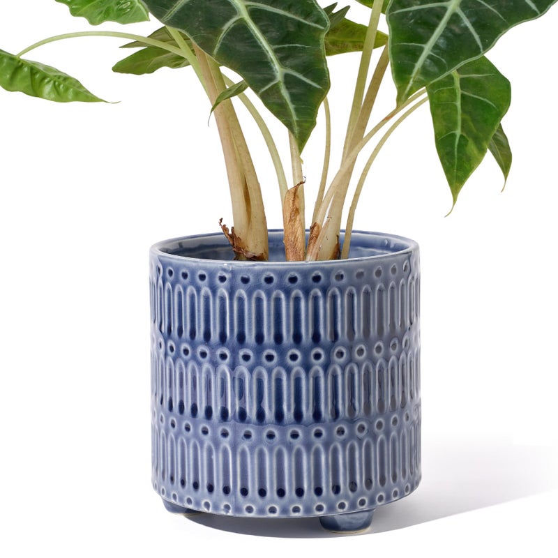 STHIE 5 Inch Ceramic Planters for Indoor Plants, Blue Cactus Snake Plant Pots with Drainage, Unique Design Round Flower Pot for Home Decoration - Image 1