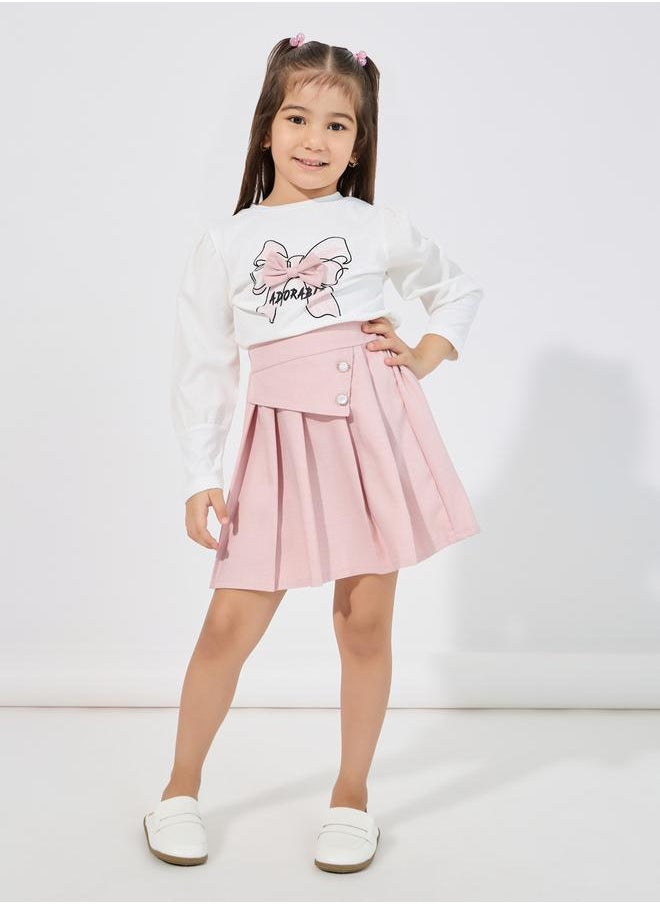 Styli Bow Applique Top & Asymmetric Waist Pleated Skirt Set  - Image 1