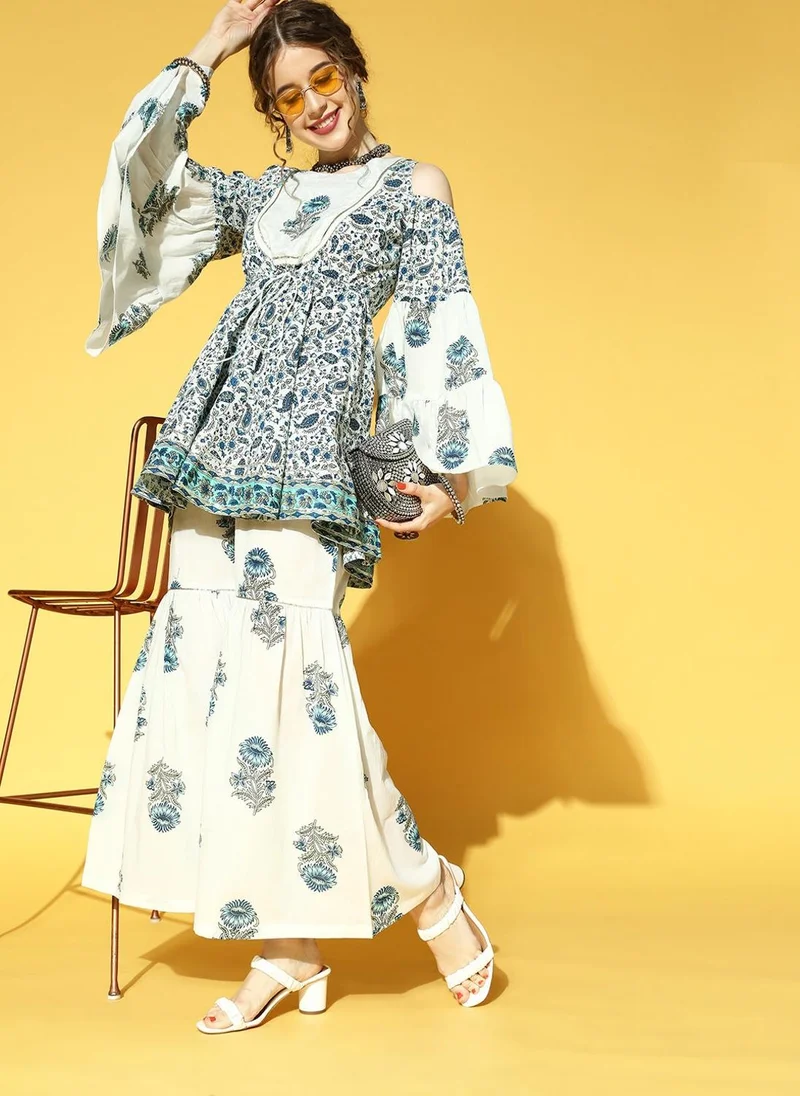 ZERESOUQ White & Blue Ethnic Printed Co-Ords