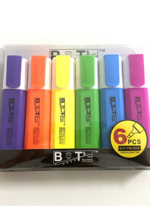 6 Highlighter Pens, assorted 6 Colors Pastel Colors, Water Based, Ref. No. BOT-PM-0006. Yellow, Orange, Green, Blue, Pink, Purple. Point Type Chisel, Special Feature non-toxic, acid free and safe to use. Material Type ‎Polypropylene (PP).