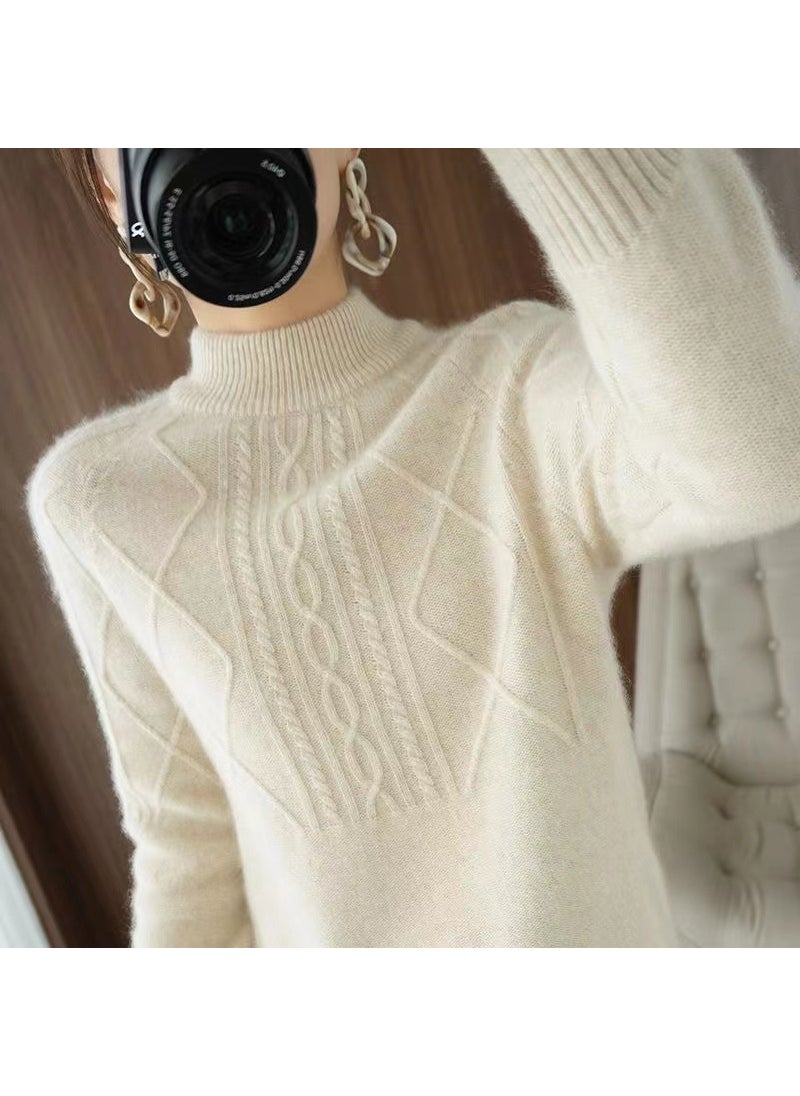 Generic - 50cm-65cm Long Sleeve Knitted Wool Women Coat Thickened Fleece Base Shirt Fashionable Top Autumn Winter Warm Innerwear 1386 creamy-white - Image 1