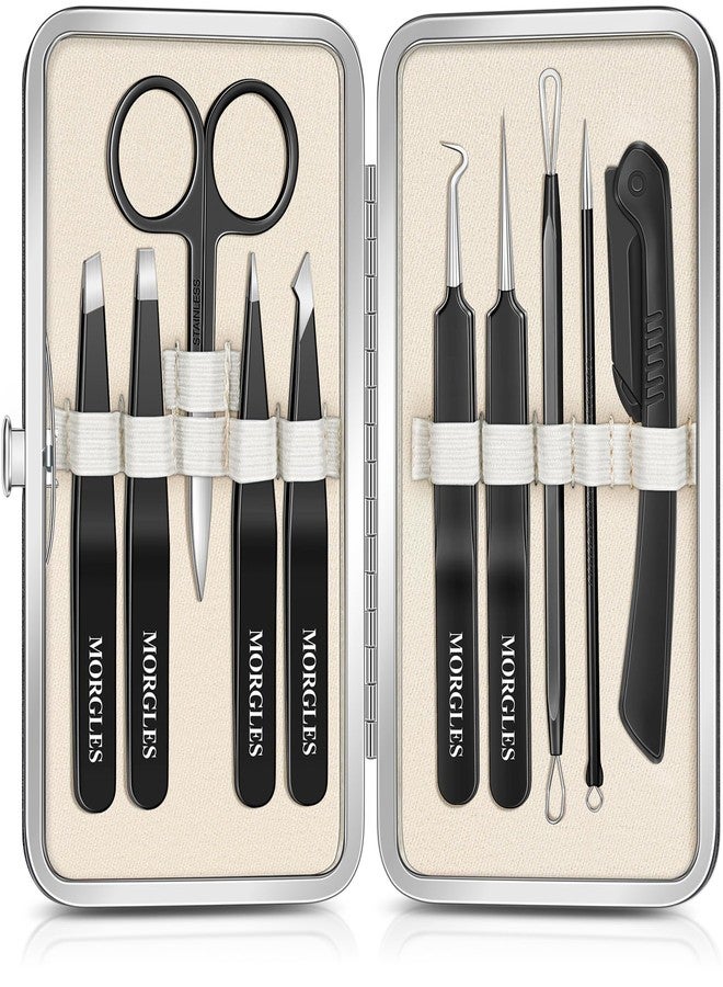 MORGLES Tweezers Set for Men, 10 in 1 Professional Eyebrow Tweezers Kit with Razor, Scissors and Blackhead Remover Tools with Travel Bag, Grooming Beauty Set (Black) - Image 1