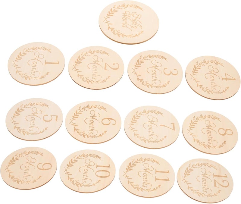 Light Yellow Wooden Slices Monthly Commemorative Cards For Newborn Growth Tracking 13pcs Set - Image 1