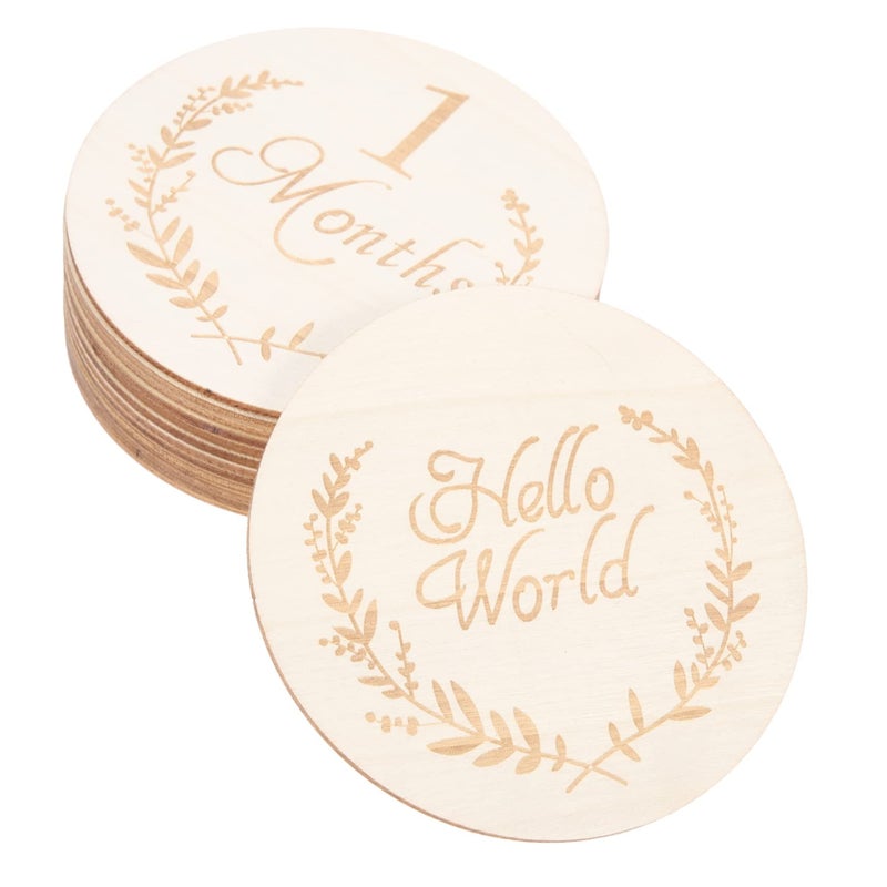 Light Yellow Wooden Slices Monthly Commemorative Cards For Newborn Growth Tracking 13pcs Set - Image 2