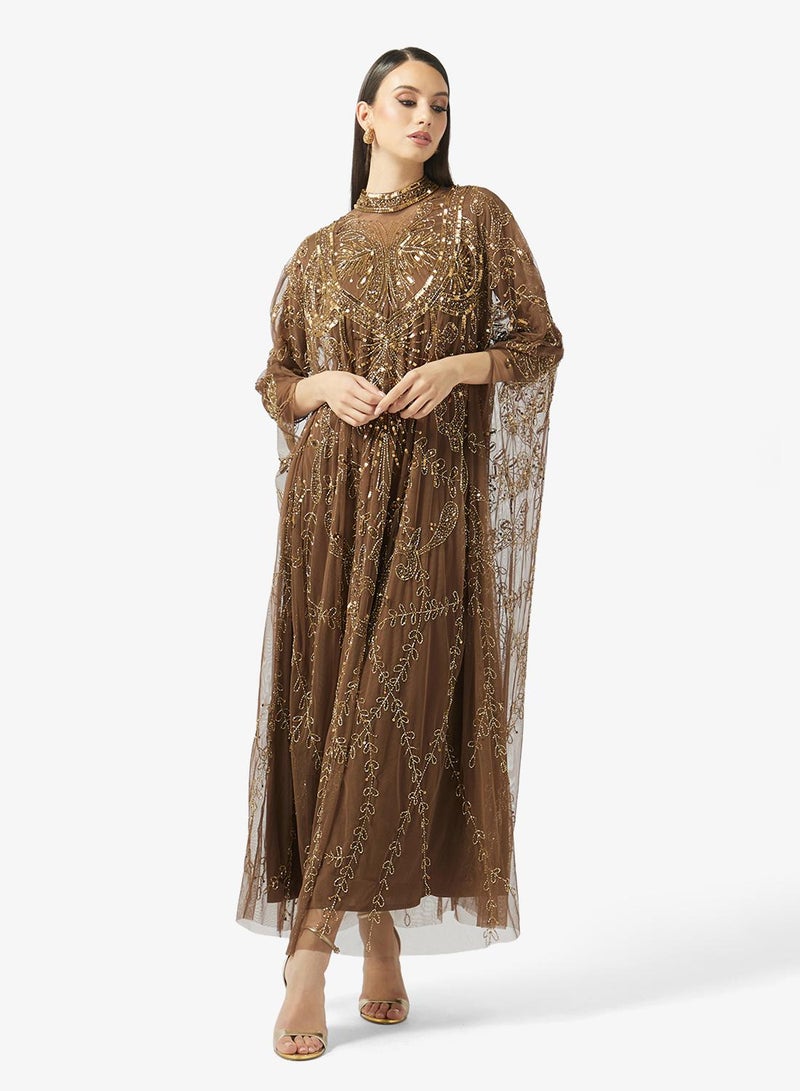 بيوت فستان سهرة طويل مزين بالترتر وياقة عالية - Image 1