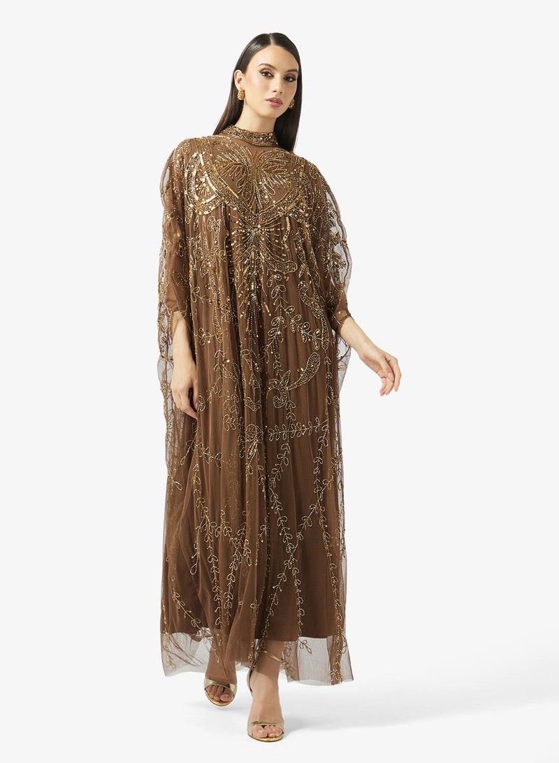 بيوت فستان سهرة طويل مزين بالترتر وياقة عالية - Image 5