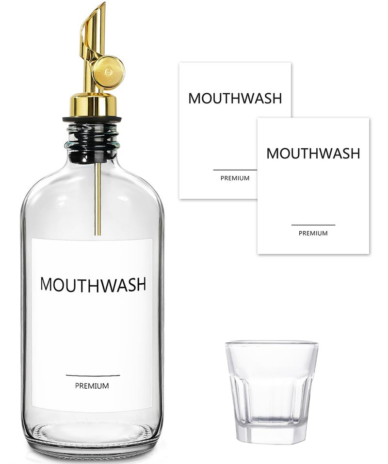 TOLDATLI Mouthwash Dispenser for Bathroom 1 Pack Glass Mouth Wash Container with Cup 17 Fl Oz Mouthwash Decanter Bottle Set Refillable Mouthwash Pump Dispenser