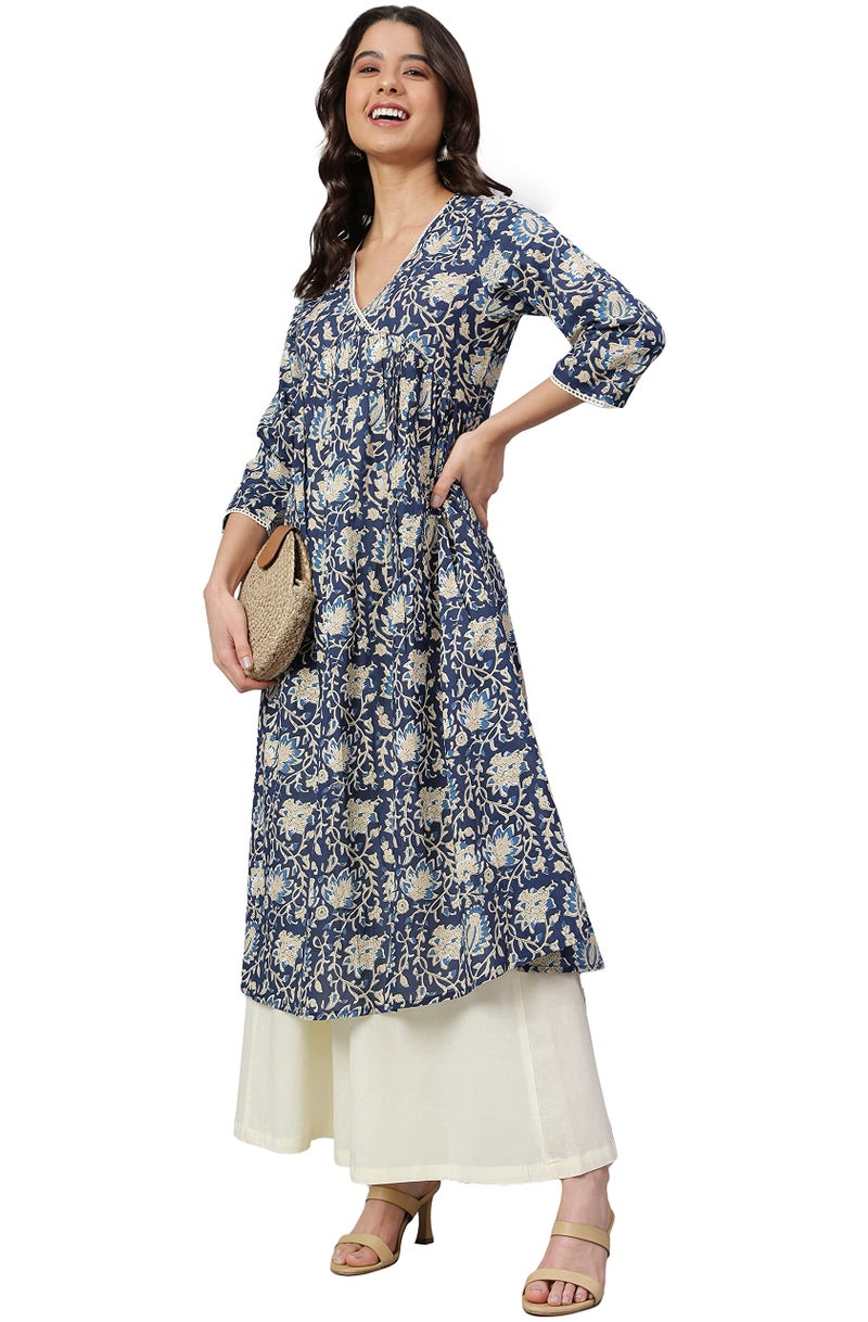 Janasya Women's Navy Blue Cotton Floral Print Flared Kurta (JNE3910-KR-L) - Image 1