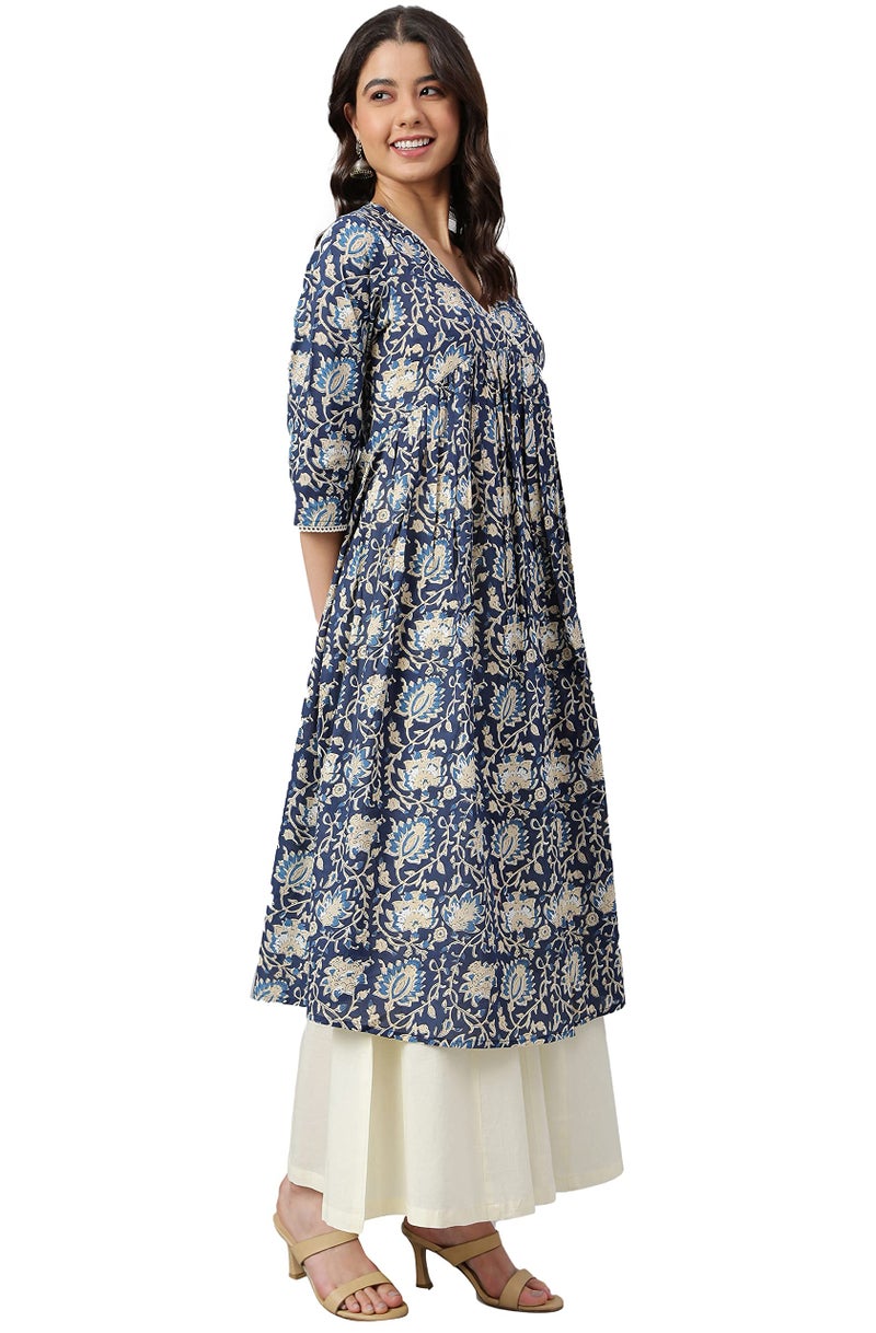 Janasya Women's Navy Blue Cotton Floral Print Flared Kurta (JNE3910-KR-L) - Image 3