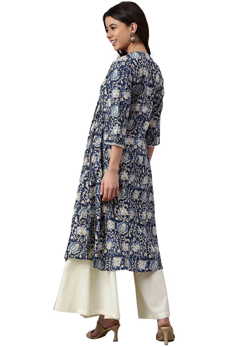 Janasya Women's Navy Blue Cotton Floral Print Flared Kurta (JNE3910-KR-L) - Image 4