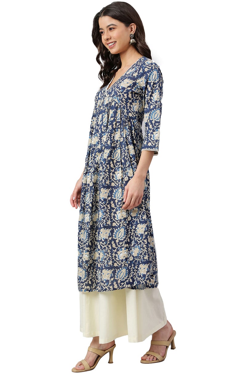 Janasya Women's Navy Blue Cotton Floral Print Flared Kurta (JNE3910-KR-L) - Image 2