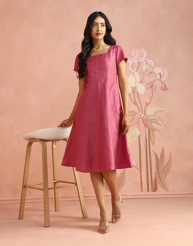 Pink Linen Silk Midi Dress