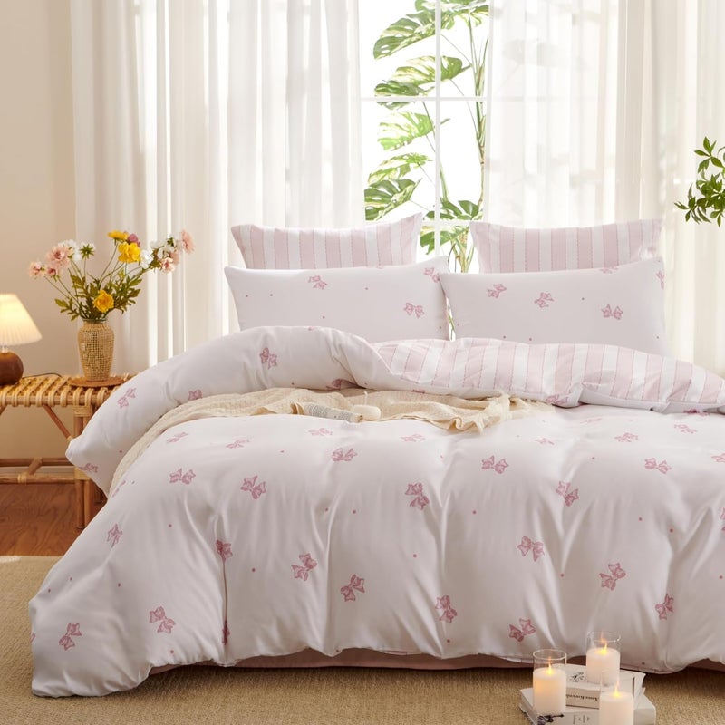 Bildenly Pink Bow Duvet Cover Twin Size Reversible White Pink Bows Striped Bedding Set Kids Girls Cute Comforter Cover Set Soft Breathable Microfiber Quilt Cover with Zipper Closure and 1 Pillowcase - Image 2