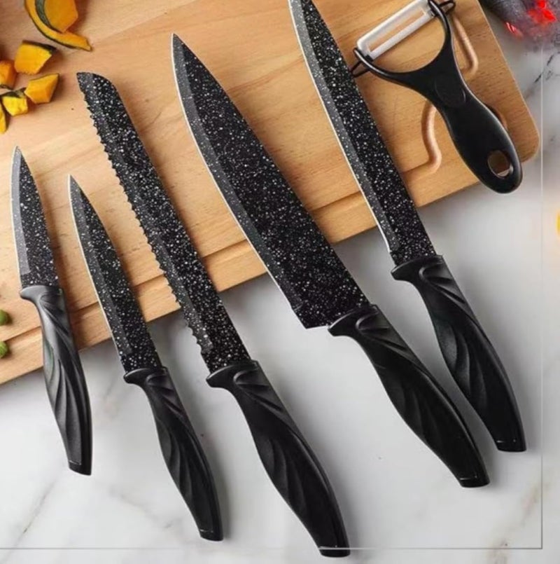 Professional Black Kitchen Knife Set, 6 Piece Stainless Steel with Non-Stick Marble Coating, Ergonomic Handles, Includes Chef Knife, Bread Knife, Utility Knife, Paring Knife, Peeler