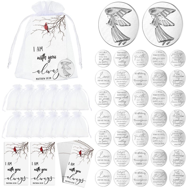100 Sets Memorial Angel Sign Set Pocket Angel Tokens Coins Inspirational Christian Bible Verb Quotes Funeral Cardinal Sign I Am with You Always Cards White Organza Bags Guardian Gift Bag Angel Charms
