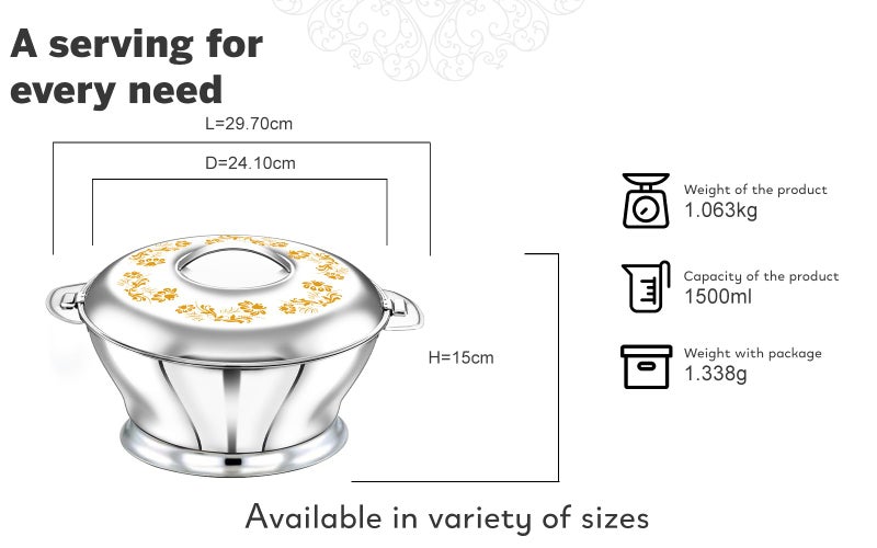 Pradeep طقم تقديم كسرولة معزولة من الفولاذ المقاوم للصدأ مع غطاء بتصميم/ مزدوج الجدران/ كسرولة من الفولاذ المقاوم للصدأ/ ساخن وبارد/ آمنة للغسل في غسالة الصحون/ كسرولة تقديم/ خالية من BPA/ فضي-7232 زهرة ذهبية (1500 مل) - Image 3