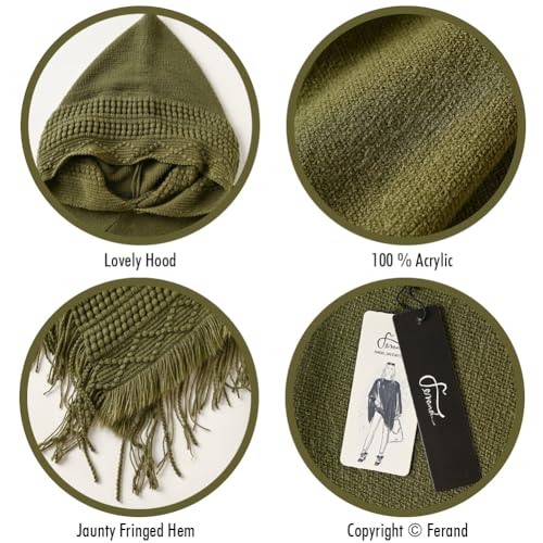 Ferand Ladies' Hooded Cape with Fringed Hem, Crochet Poncho Knitting Patterns for Women, Khaki - Image 4