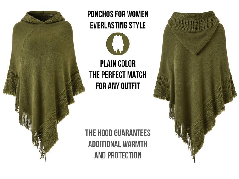 Ferand Ladies' Hooded Cape with Fringed Hem, Crochet Poncho Knitting Patterns for Women, Khaki - Image 3