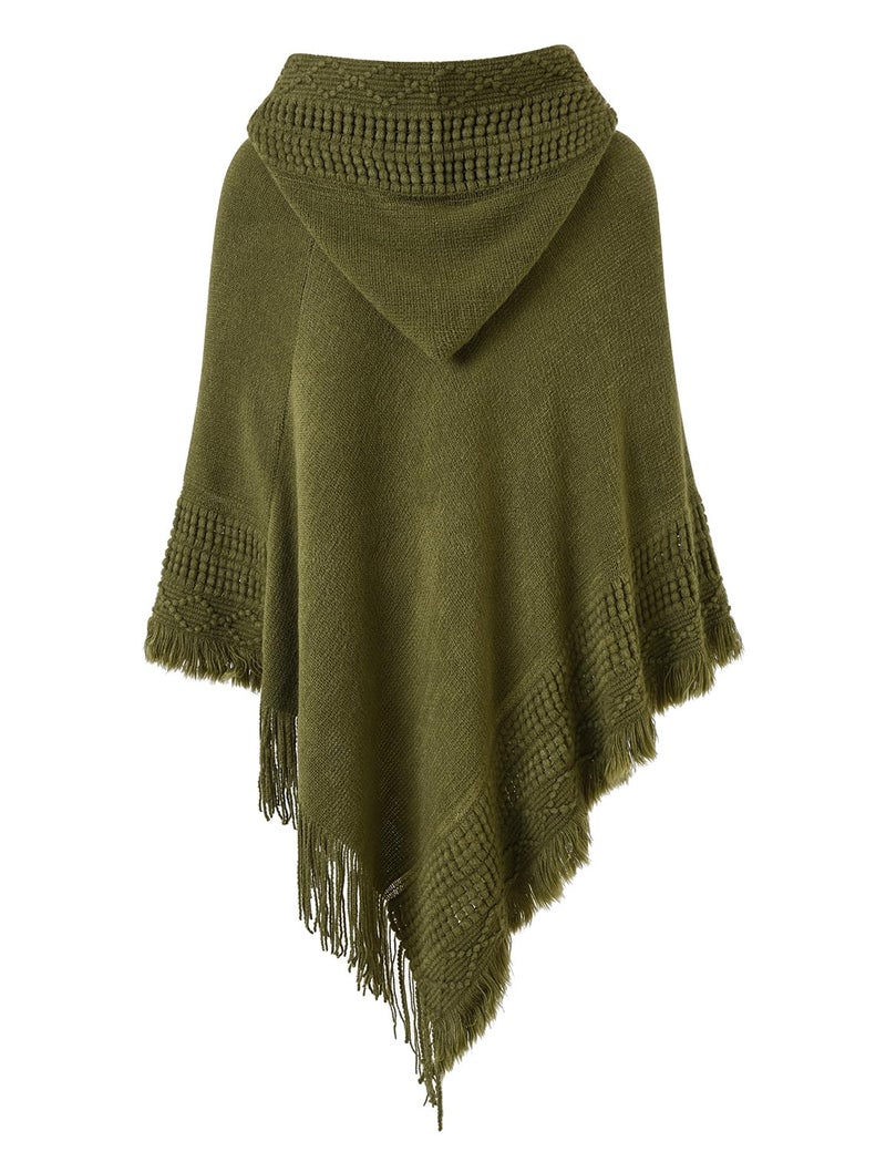 Ferand Ladies' Hooded Cape with Fringed Hem, Crochet Poncho Knitting Patterns for Women, Khaki - Image 2