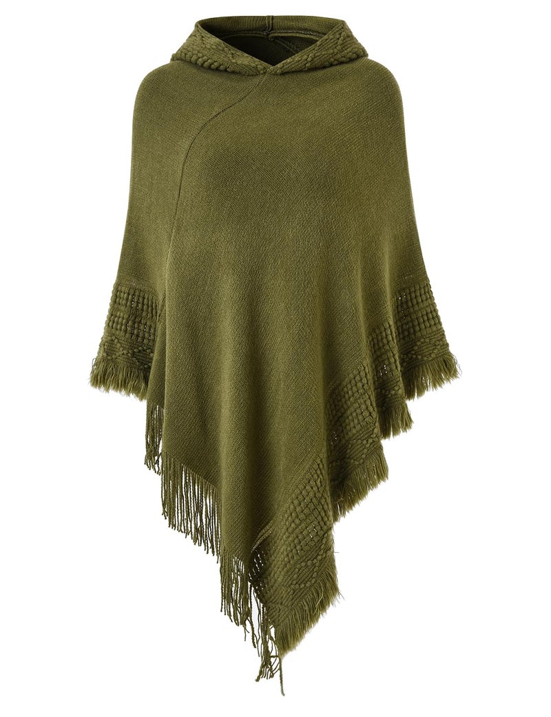 Ferand Ladies' Hooded Cape with Fringed Hem, Crochet Poncho Knitting Patterns for Women, Khaki - Image 1