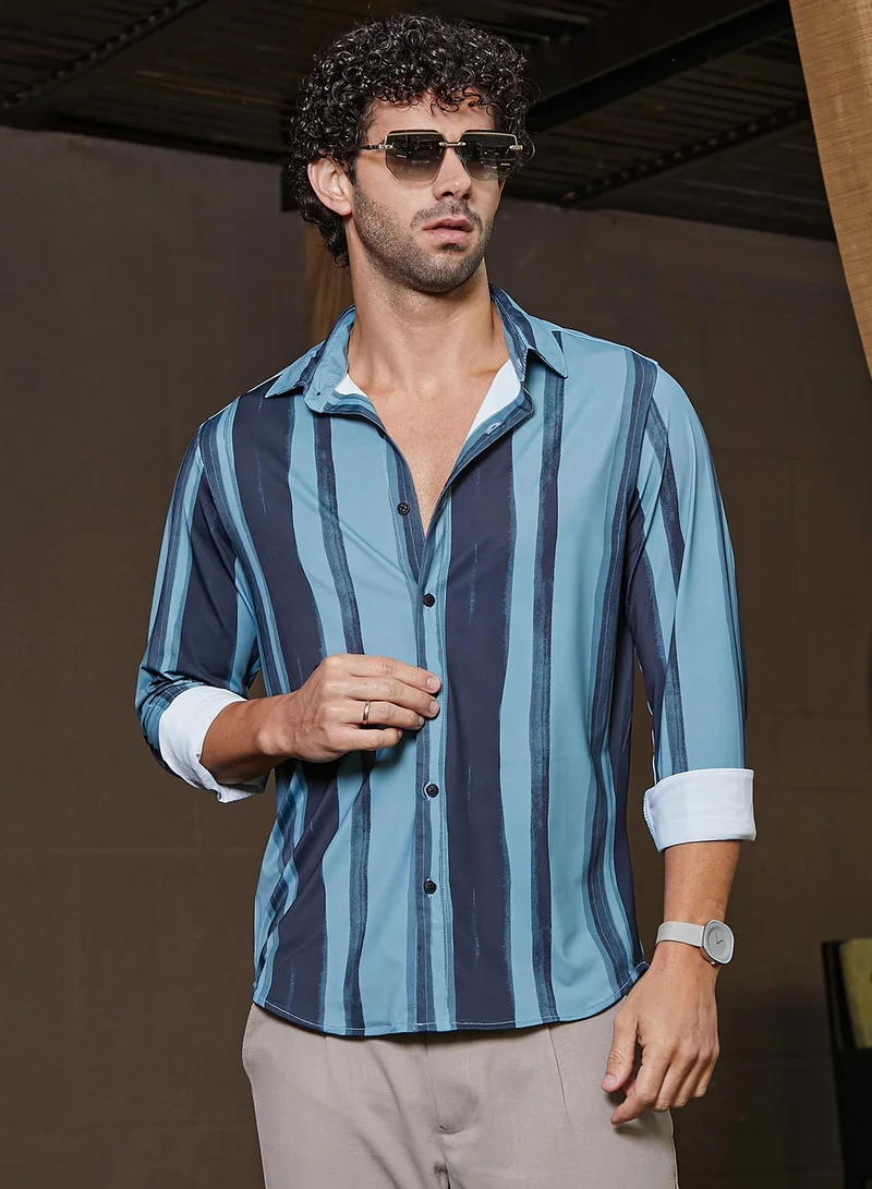 Campus Sutra Men's Sea Green & Navy Blue Brushstroke Pattern Shirt