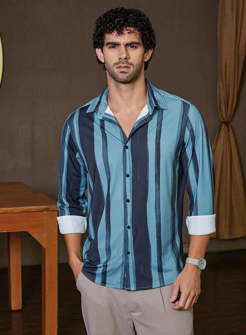 Campus Sutra Men's Sea Green & Navy Blue Brushstroke Pattern Shirt