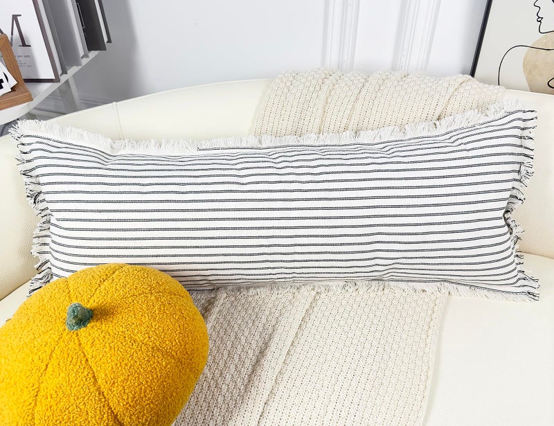 PANOD Boho Extra Long Lumbar Pillow Cover 12x36 Cotton Linen Decorative Long Lumbar Throw Pillow Case for Bed Sofa Couch Farmhouse Livingroom Long Body Pillow Case Cover Black - Image 3