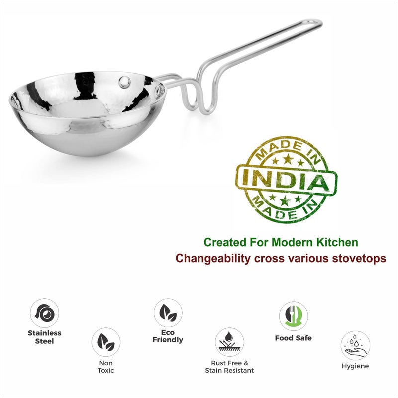 Prabha Prabha Heavy Gauge Stainless Steel Hammered Finish Tadka Pan with Handle Unbreakable, Capacity 0.34 L, Size 130 mm  - Image 2