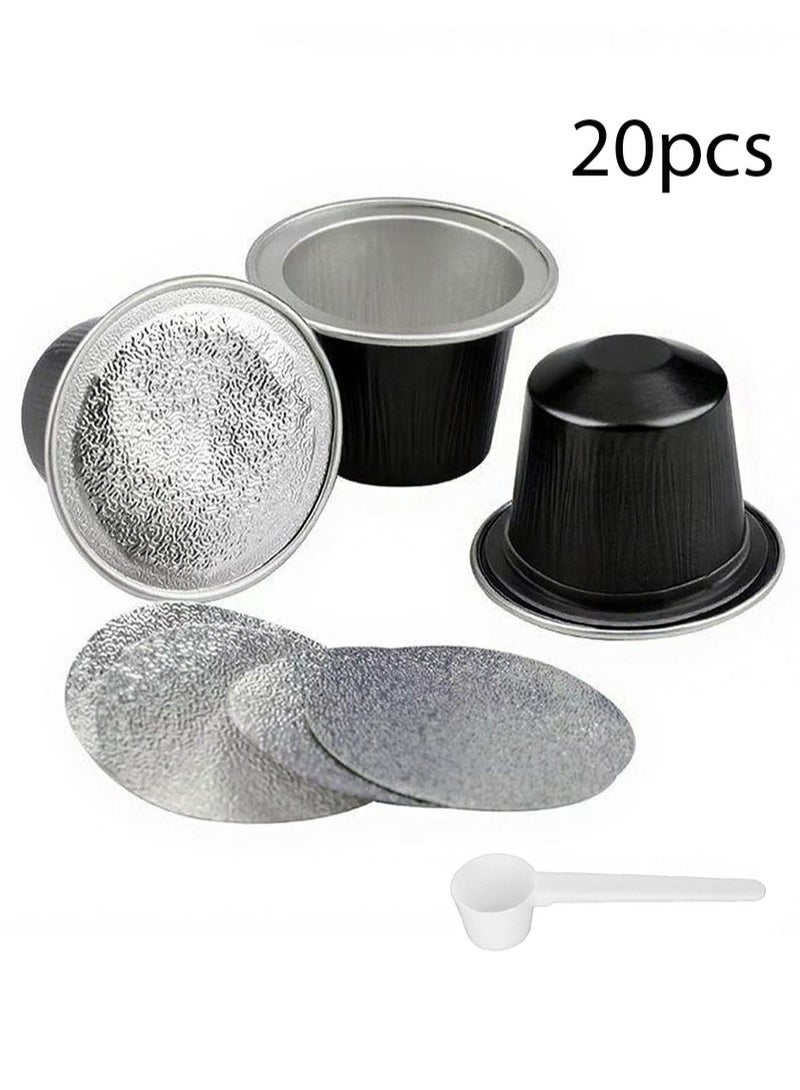 ايكانبو كبسولات قهوة قابلة لإعادة التعبئة من كبسولات الإسبريسو لخط إنتاج نسبرسو الأصلي، كبسولة فلتر قهوة من الألومنيوم للاستخدام مرة واحدة، مجموعة كبسولات بديلة لآلة نسبرسو (أسود، 20 غطاء من رقائق الألومنيوم + 20 كبسولة + ملعقة واحدة) - Image 1