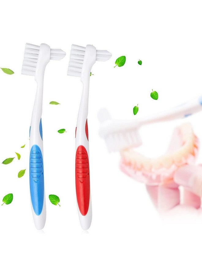 Y-Kelin Denture Brush Hard Bristles, Denture Toothbrush with Dual Head & Rubber Handle Non-Slip (Red+Blue, 2 Pcs) - Image 1