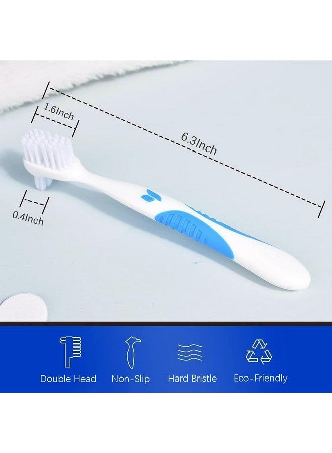 Y-Kelin Denture Brush Hard Bristles, Denture Toothbrush with Dual Head & Rubber Handle Non-Slip (Red+Blue, 2 Pcs) - Image 2