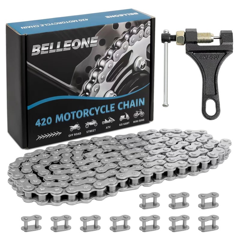 Belleone 420 Motorcycle Chain - 420 Standard Roller Chain 132 Link + Chain Breaker Fits for 50 70 90 110cc 125cc Pit Dirt Bike ATV Quad Go Kart Scooter Mini Bike Parts with 10 Free Master Links - Image 1