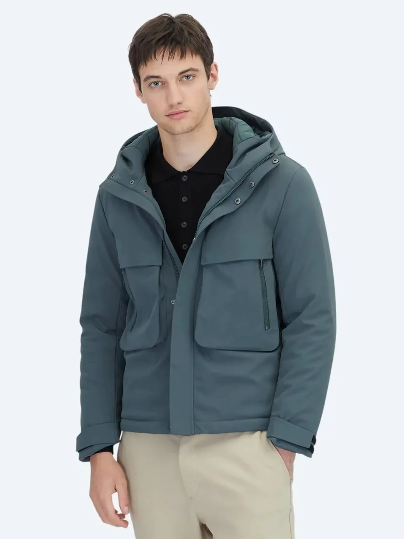 كيب معطف كاجوال منسوج بغطاء رأس، لون كاكي، بقصة عادية