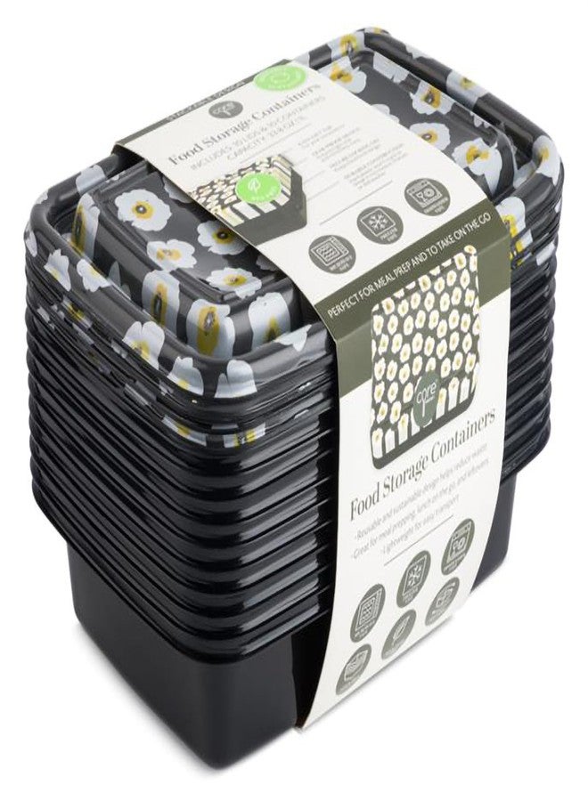 Core Home Pantry Refrigerator Freezer 33 Ounce BPA Free Plastic Stackable Meal Prep Food Storage Container Set, 24 Piece Set, Black and White, Daisies