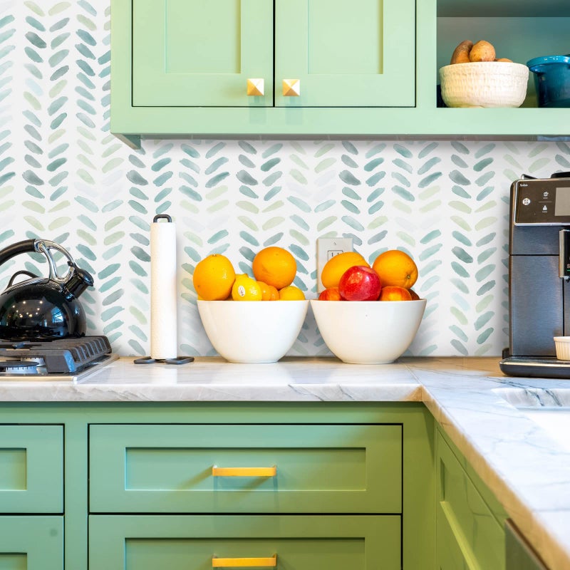 Sevalo Green and White Peel and Stick Wallpaper Boho 17.3inW 78.8inL Contact Paper for Cabinets Green Modern Herringbone Wallpaper Self-Adhesive Removable Wall Paper Bathroom Waterproof Kids Teal - Image 5