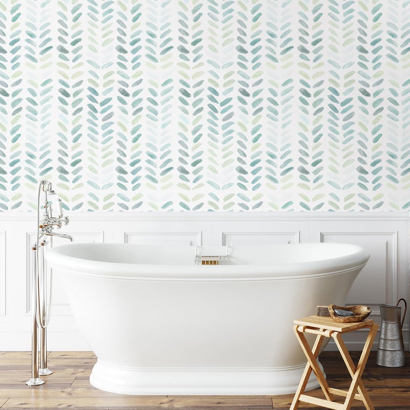 Sevalo Green and White Peel and Stick Wallpaper Boho 17.3inW 78.8inL Contact Paper for Cabinets Green Modern Herringbone Wallpaper Self-Adhesive Removable Wall Paper Bathroom Waterproof Kids Teal - Image 2