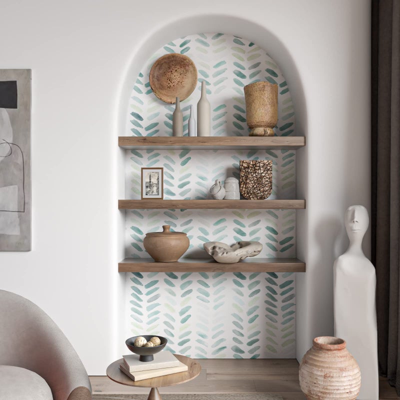 Sevalo Green and White Peel and Stick Wallpaper Boho 17.3inW 78.8inL Contact Paper for Cabinets Green Modern Herringbone Wallpaper Self-Adhesive Removable Wall Paper Bathroom Waterproof Kids Teal - Image 3
