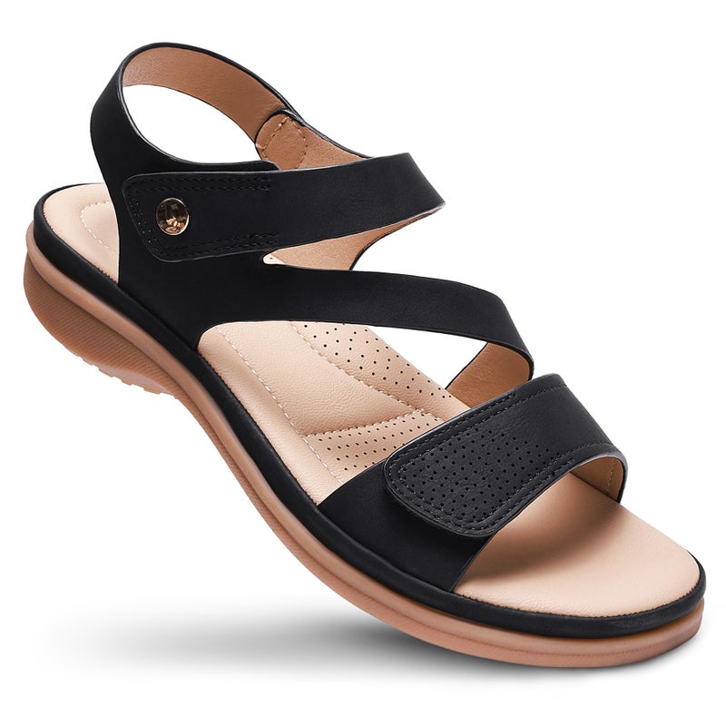 Littleplum Womens Sandals Arch Support â€“ Comfortable Flat Sandals for Women, Summer Breathable Adjustable Orthotic Walking Shoes for Beach,Travel Black Size 8.5 - Image 1
