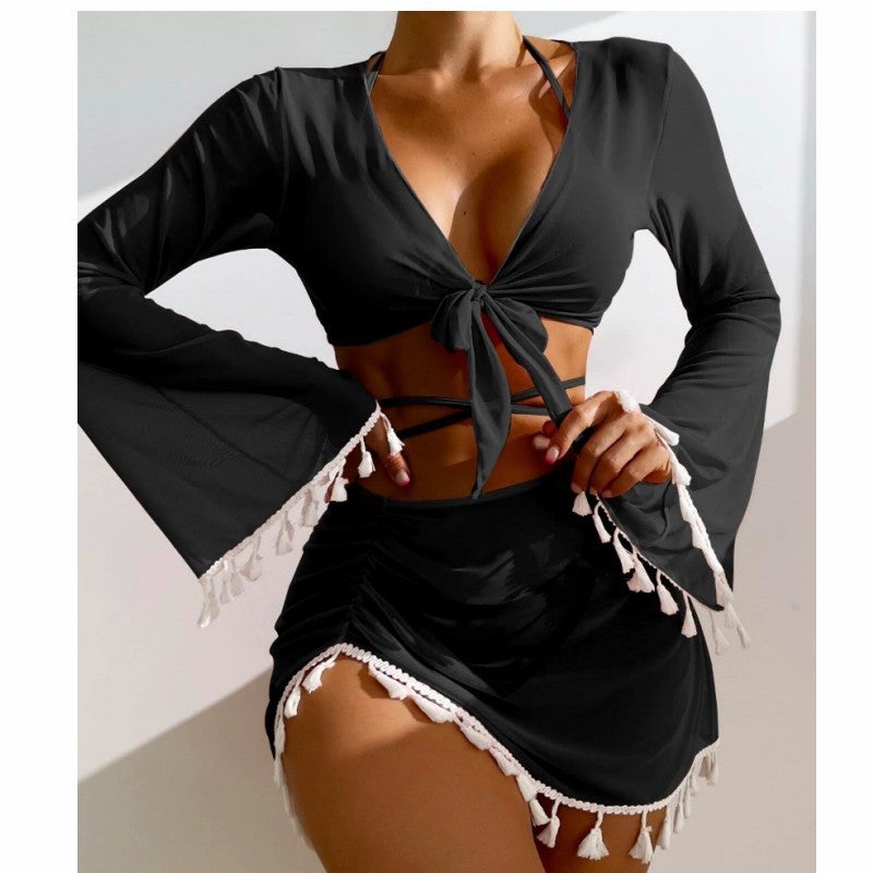 Women's Modest 4-Piece Swimwear Set with Tassel Cover-Up and Mesh Skirt - Solid Color Padded Bikini  Set - Image 4