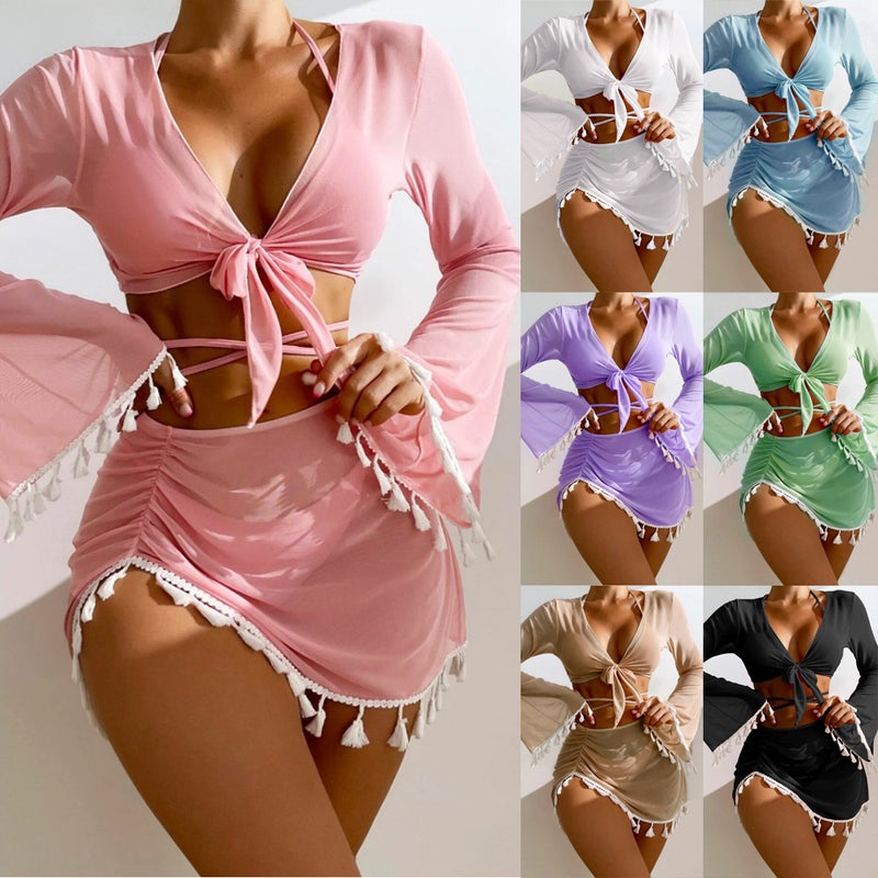 Women's Modest 4-Piece Swimwear Set with Tassel Cover-Up and Mesh Skirt - Solid Color Padded Bikini  Set - Image 2