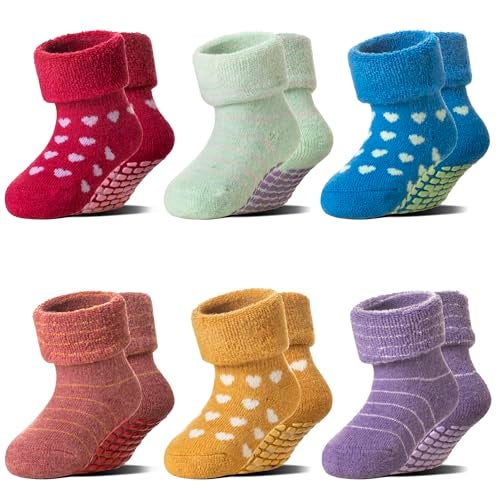 Eocom 6 Pairs Baby Boy Girl Non Slip Socks Child Toddler Winter Thick Soft Wool Kids Warm Socks with Grips(Stripe/Heart, 0-12 Months) - Image 1