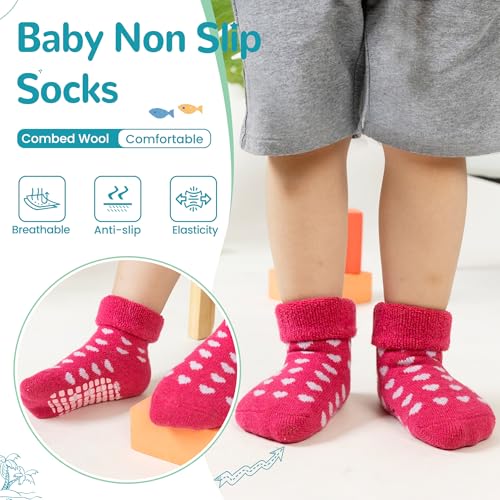 Eocom 6 Pairs Baby Boy Girl Non Slip Socks Child Toddler Winter Thick Soft Wool Kids Warm Socks with Grips(Stripe/Heart, 0-12 Months) - Image 2