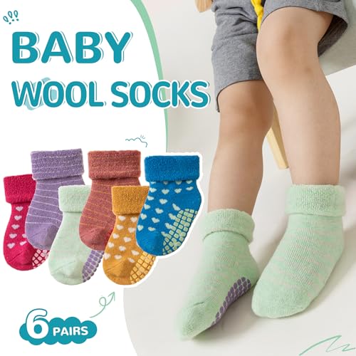 Eocom 6 Pairs Baby Boy Girl Non Slip Socks Child Toddler Winter Thick Soft Wool Kids Warm Socks with Grips(Stripe/Heart, 0-12 Months) - Image 3